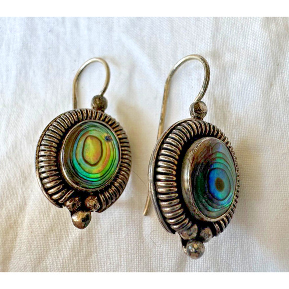 Abalone Inlays Sterling Silver Round French Wire Earrings Ocean Inspired - Picture 2 of 6